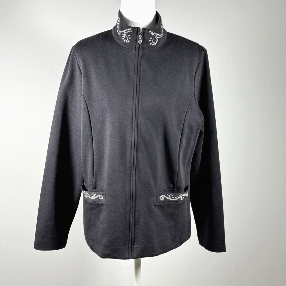 Drapers & Damons Black Zip Jacket Rhinestone Collar Glittercore Womens M Read